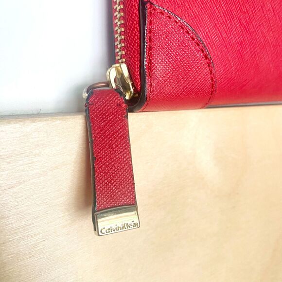 Calvin Klein Red Saffiano Leather Zip Around Long Wallet w/ Gold Interior - Picture 9 of 11